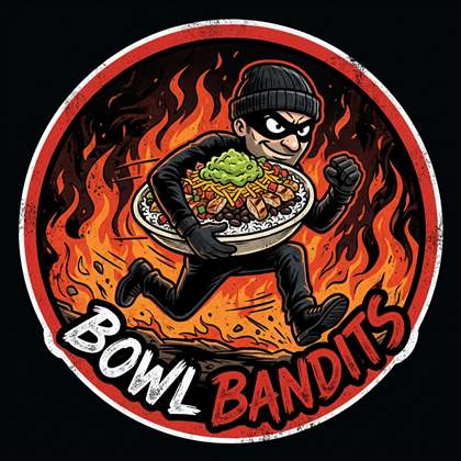 Bowl Bandits logo — a masked bandit sprinting with an overflowing burrito bowl in front of flames